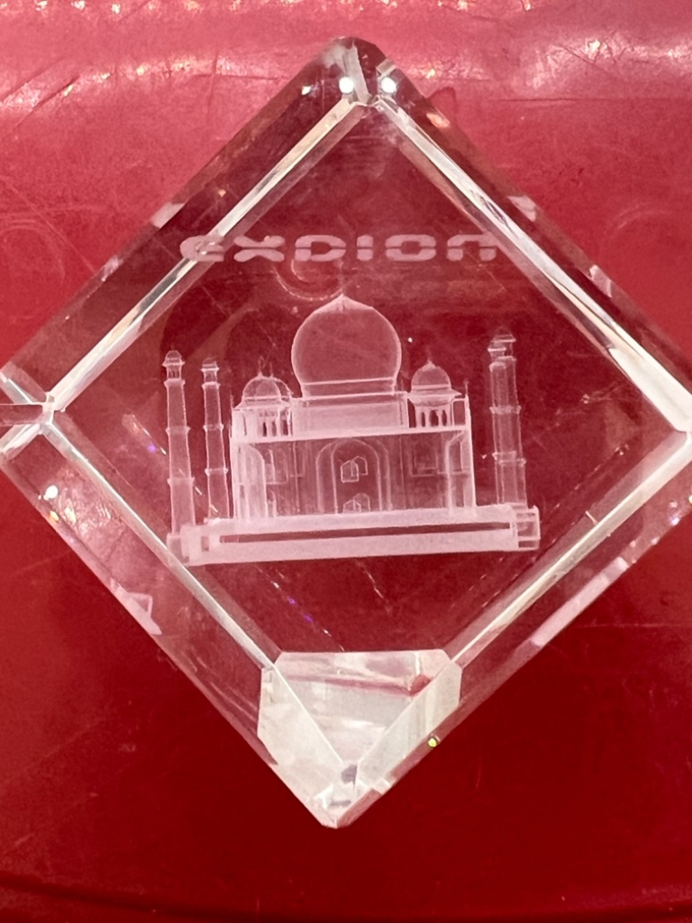 An EXPION branded diamond-shaped 3D laser-etched Taj Mahal crystal paperweight - Picture 1 of 8